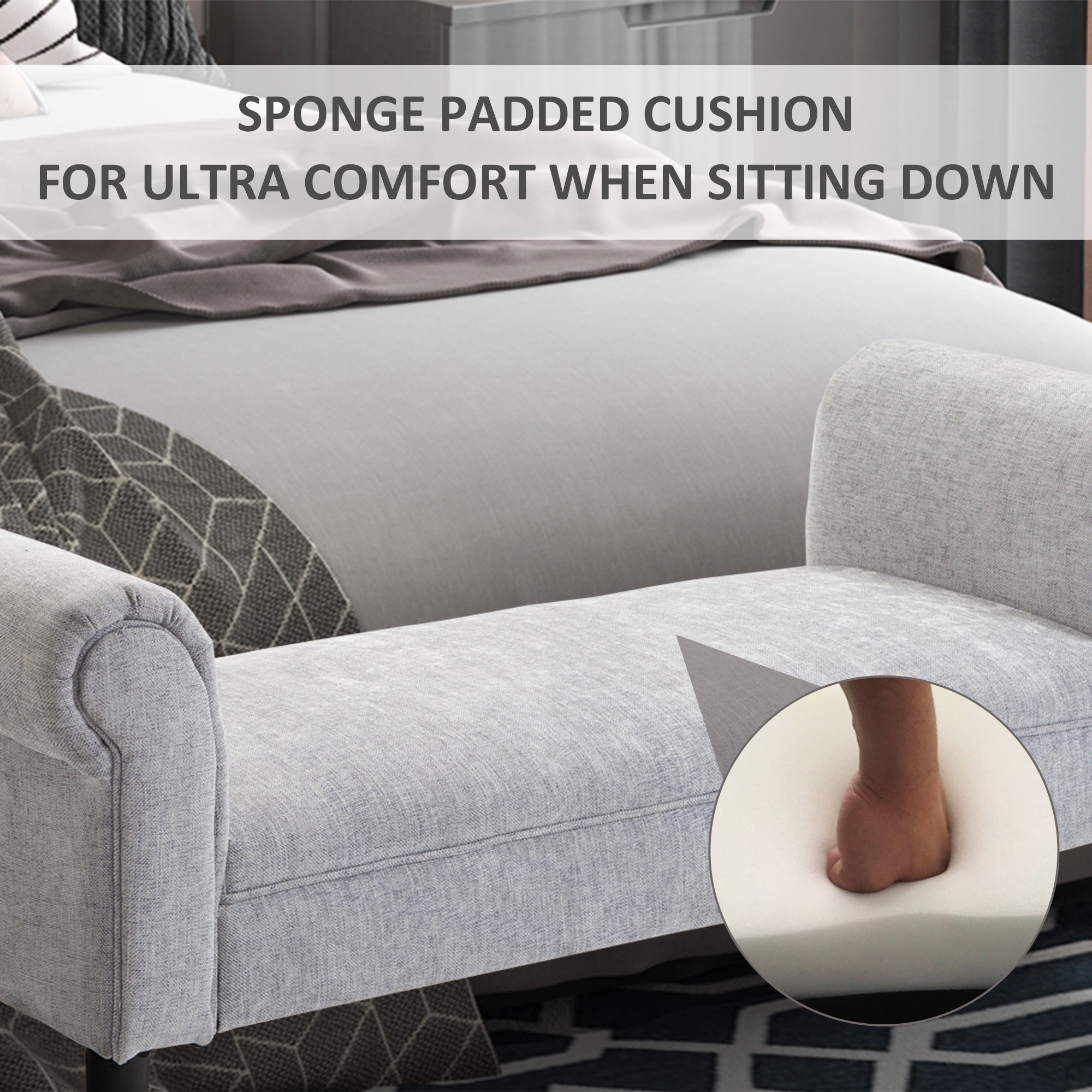 HOMCOM Bed End Bench, Window Seat, Linen Chaise Lounge Sofa with Arm and Wooden Legs for Bedroom, Living Room, Grey